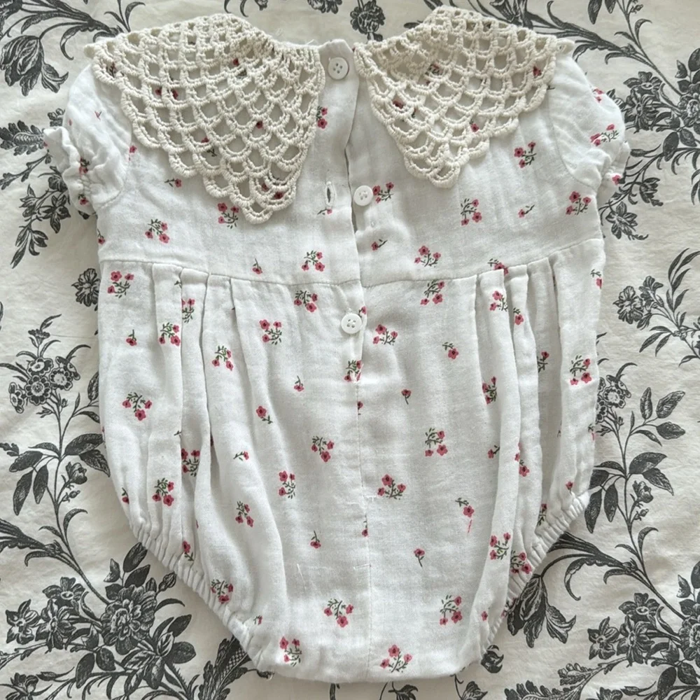 Floral White Baby Romper with Crochet Collar